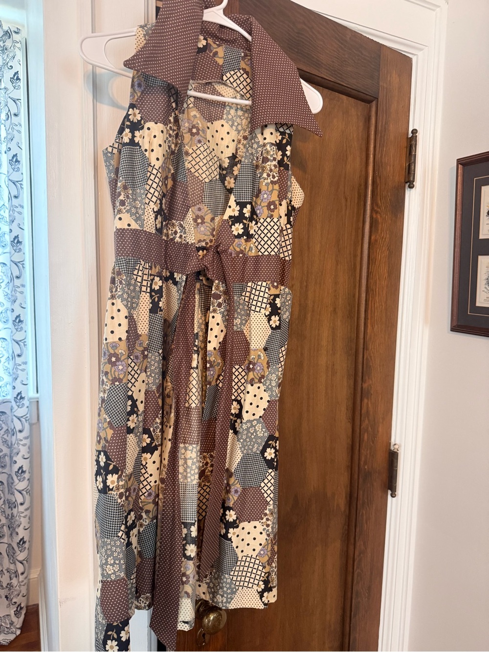 Vintage Patchwork Midi Dress in Brown, Cream, Black and Blue